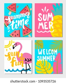 set of four minimalist summer-themed posters. Vector
