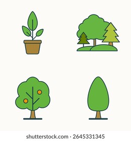 Set of Four Minimalist Tree and Plant Icons Featuring Potted Plant, Fruit Tree, Pine Trees, and Oval Tree Shapes