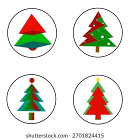 Set of four minimalist vector Christmas tree designs in geometric and abstract styles