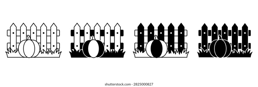 A set of four minimalist vector icons featuring pumpkins sitting in front of wooden picket fences with varying fill styles
