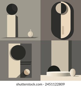 A set of four minimalist vector illustrations, each picture an object in shades of gray and beige with black outlines theme geometric. art collection with its monochromatic color scheme and minimalist