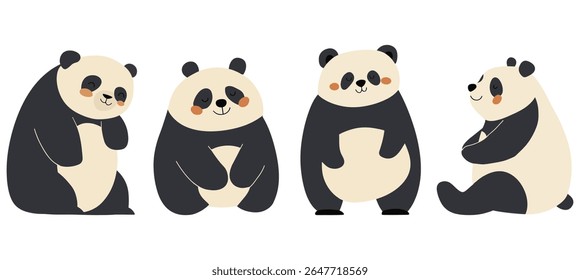 Set of four minimalist vector pandas in soft cream and charcoal tones, each in a relaxed pose with rosy cheeks. Charming design perfect for children’s decor, greeting cards, web graphics, and print.