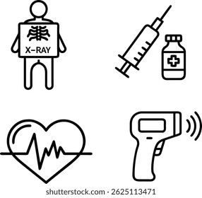 Conjunto de quatro ícones médicos minimalistas em preto e branco que representam raios-X, vacinação, monitoramento cardíaco e termômetro

