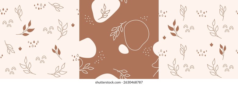 Um conjunto de quatro padrões infantis minimalistas. As imagens repetidas contêm elementos coloridos, galhos, gotas de chuva, arco-íris e linhas de diferentes formas.