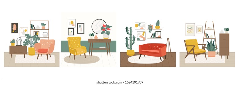 set of four minimalistic interior scenes with mid century modern furniture and plants. Trendy scandinavian hygge living room interiors. Flat vector illustrations