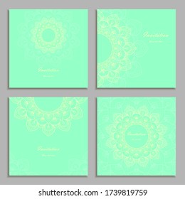 Set of four mint and yellow color Invitation Cards with  mandala ornament. Card template for Wedding invitation or Birthday greeting card. Vector illustration