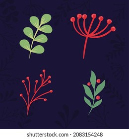 set of four mistletoe branches