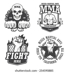 Set of four mma emblems, labels, badge, logos. Monochrome graphic style