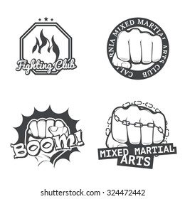Set of four MMA labels, logos, badges, icons, signs and design templates. Fight club logotypes. Vector.