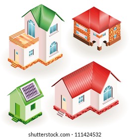 Set of four models of three dimensional residential houses over white background