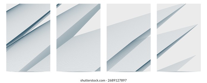 Conjunto de cuatro modernos fondos abstractos con líneas diagonales dinámicas y Formas geométricas en tonos azules y blancos, perfecto para la tecnología, los negocios o el diseño minimalista.