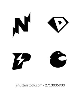 Un conjunto de cuatro diseños de logotipos modernos, abstractos en blanco y negro adecuados para la marca, la tecnología y varios conceptos comerciales. Gráficos de Vector minimalistas para una identidad contemporánea.