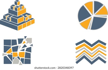 A set of four modern abstract business icons featuring a pyramid, a pie chart, a fragmented square, and zigzag lines in blue, yellow, and grey.