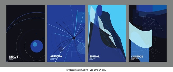 A set of four modern abstract posters featuring geometric shapes, minimalist lines, and a deep blue color palette for contemporary graphic design.