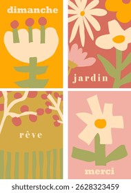 Set of four modern art cutout design posters featuring abstract pastel colors flowers and twigs, with French words. Vector home decor minimalistic artistic style poster illustrations