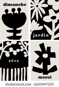 Set of four modern art cutout design posters featuring abstract black floral silhouettes on beige backgrounds, with French words, Vector home decor minimalistic artistic style poster illustrations
