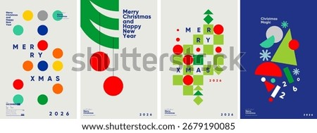 A set of four modern Christmas posters for 2026, featuring abstract geometric designs with vibrant colors. Each poster includes festive greetings like 'Merry Christmas' and 'Happy New Year',