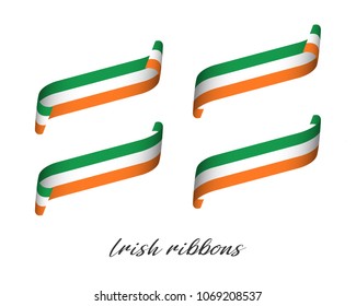 Set of four modern colored vector ribbons with Irish tricolor isolated on white background, flag of Ireland, Irish ribbons