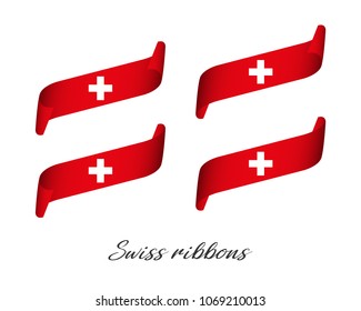 Set of four modern colored vector ribbons in Swiss colors isolated on white background, flag of Switzerland, Swiss ribbons