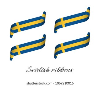 Set of four modern colored vector ribbons in Swedish colors isolated on white background, flag of Sweden, Swedish ribbons