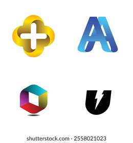 Set Of Four Modern and Colorful Abstract Logos For Business and Technology, Creative Branding Elements For Companies, Startups, Or Design Projects On White Background