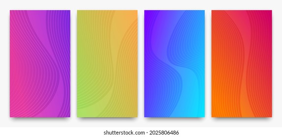 Set of four modern colorful gradient backgrounds with lines. Bright geometric abstract presentation backdrops. Vector illustration