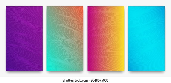 Set of four modern colorful gradient backgrounds with wave lines. Bright geometric abstract presentation backdrops. Vector illustration