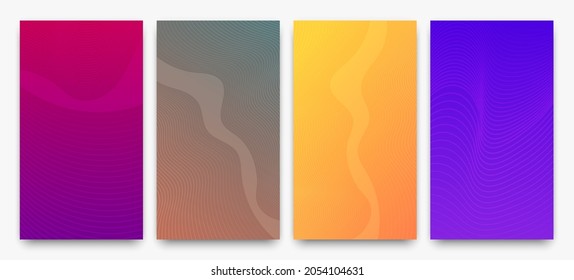 Set of four modern colorful gradient backgrounds with wave lines. Bright geometric abstract presentation backdrops. Vector illustration