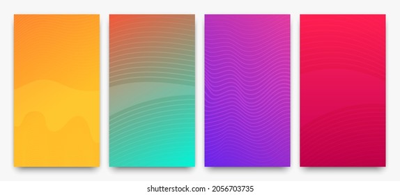 Set of four modern colorful gradient backgrounds with wave lines. Bright geometric abstract presentation backdrops. Vector illustration