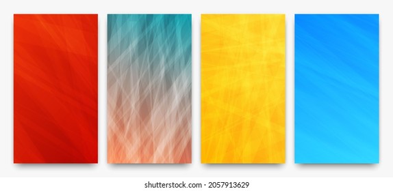 Set of four modern colorful gradient backgrounds with lines. Bright geometric abstract presentation backdrops. Vector illustration