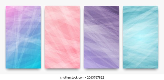 Set of four modern colorful gradient backgrounds with lines. Bright geometric abstract presentation backdrops. Vector illustration