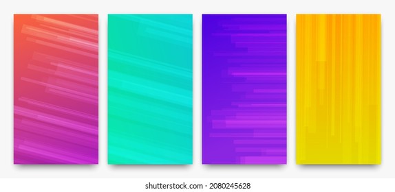 Set of four modern colorful gradient backgrounds with lines. Bright geometric abstract presentation backdrops. Vector illustration