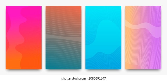 Es gibt vier moderne, bunte Farbverlauf-Hintergründe mit Wellenlinien. Helle, geometrische abstrakte Präsentationshintergründe. Vektorgrafik