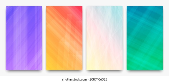 Set of four modern colorful gradient backgrounds with lines. Bright geometric abstract presentation backdrops. Vector illustration