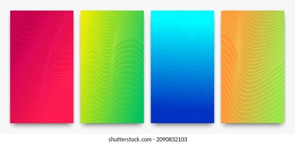 Set of four modern colorful gradient backgrounds with wave lines. Bright geometric abstract presentation backdrops. Vector illustration