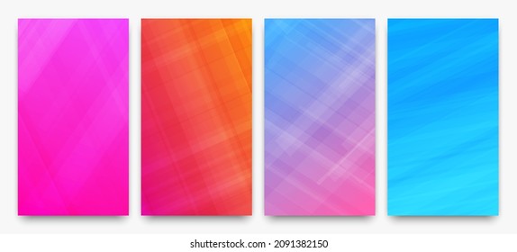 Set of four modern colorful gradient backgrounds with lines. Bright geometric abstract presentation backdrops. Vector illustration