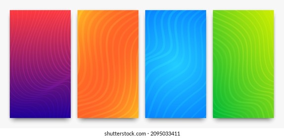 Set of four modern colorful gradient backgrounds with wave lines. Bright geometric abstract presentation backdrops. Vector illustration