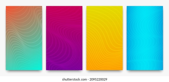 Set of four modern colorful gradient backgrounds with wave lines. Bright geometric abstract presentation backdrops. Vector illustration