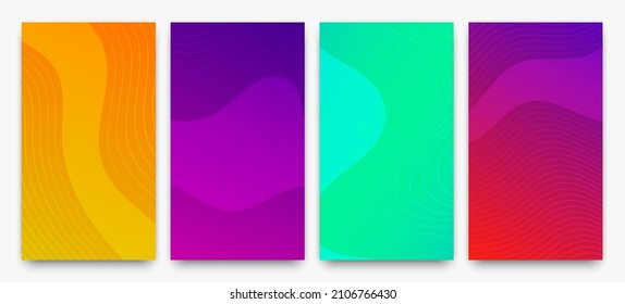 Set of four modern colorful gradient backgrounds with wave lines. Bright geometric abstract presentation backdrops. Vector illustration