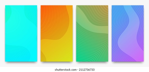 Set of four modern colorful gradient backgrounds with wave lines. Bright geometric abstract presentation backdrops. Vector illustration