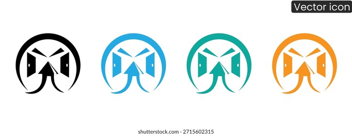 Conjunto de quatro ícones vetoriais modernos e coloridos com designs de logotipo abstratos em preto, azul, verde e laranja, ideais para marcas de negócios e aplicativos digitais