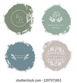 A set of four modern and elegant botanical logo designs in pastel green, beige, blue and white. Minimalist nature inspired vector illustration and hand painted brush strokes isolated on white.