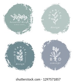 A set of four modern and elegant botanical logo designs in pastel green, blue, purple and white. Minimalist nature inspired vector illustration and hand painted brush strokes isolated on white.