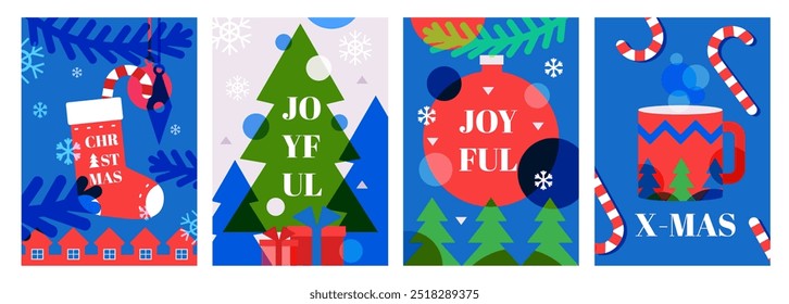 Set of four modern flat style Christmas illustrations with holiday elements. Christmas stocking, tree, ball ornament, mug with candy canes. New Year design with geometric shape and festive typography