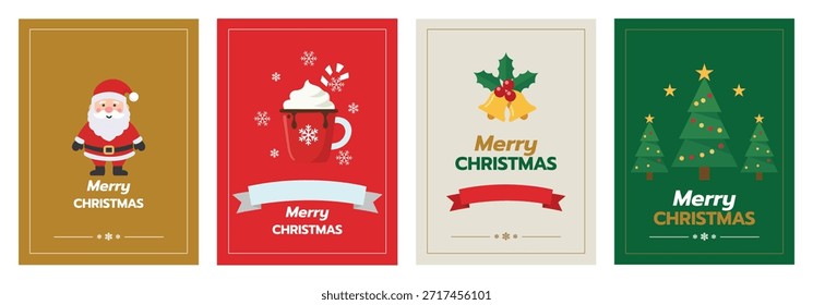 Set of four modern flat-design Christmas cards featuring Santa, hot cocoa, bells, and trees. Perfect for holiday greetings, posters, and invitations with vibrant festive colors.