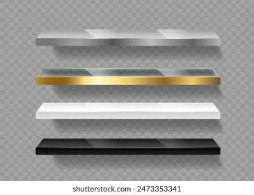 Set Of Four Modern Floating Shelves In Different Materials Including Metal, Glass, Wood, And Plastic For Home Or Office