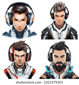 Set four modern game avatar. Mascot sport logo design. Gamer head vector illustration logo. Large headphones. Male haracter for sport and gaming logo concept. White background.
