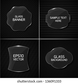 Set of four modern glowing glass banners on black background. Vector illustration.