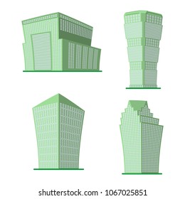 Set of four modern high-rise building on a white background. View of the building from the bottom. Isometric vector illustration.
