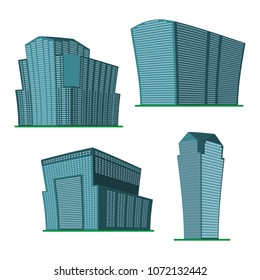 Set of four modern high-rise building on a white background. View of the building from the bottom. Isometric vector illustration.
